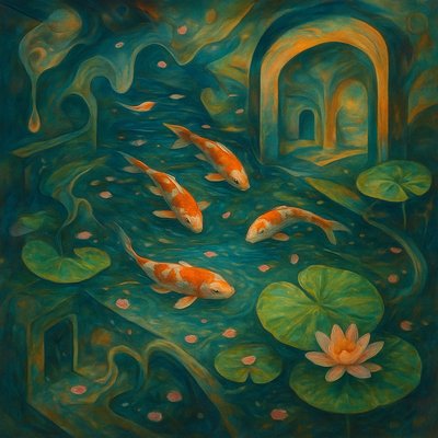 A koi pond seen from above, orange and white koi fish swimming among lily pads, clear water with subtle ripples, fallen cherry blossom petals floating on the surface, dappled sunlight