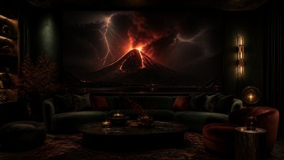 an erupting volcano with lightning strikes, dramatic wide composition, no text