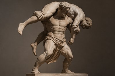 ancient greek wrestler carrying his opponent over his shoulder