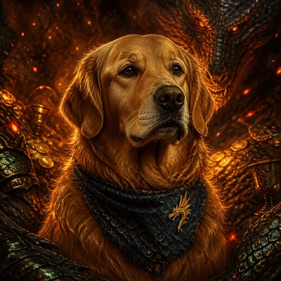 portrait of a golden retriever wearing a blue bandana, warm plain backdrop, no text