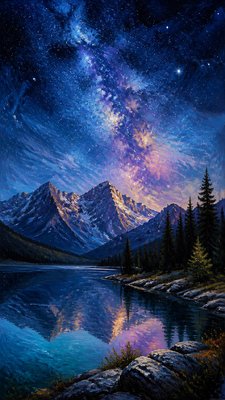 a tranquil mountain lake beneath a starry night sky, no people, no text