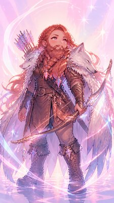 full-body original character: a dwarven ranger with a braided auburn beard, worn leather armor, a longbow and a wolf-pelt cloak, neutral background, no text