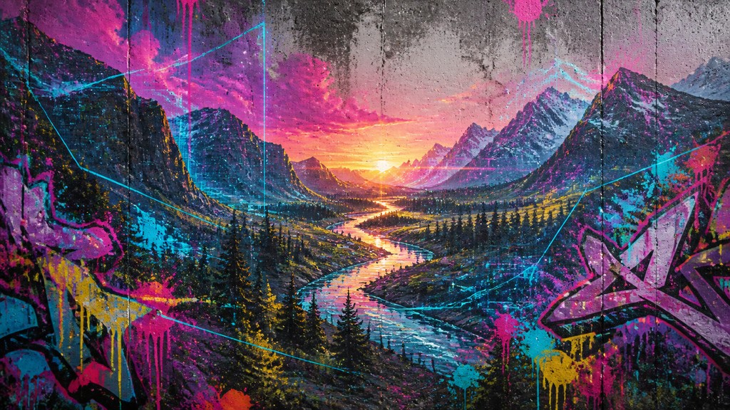 a vast valley with a river winding toward distant mountains at sunrise, no people, no text