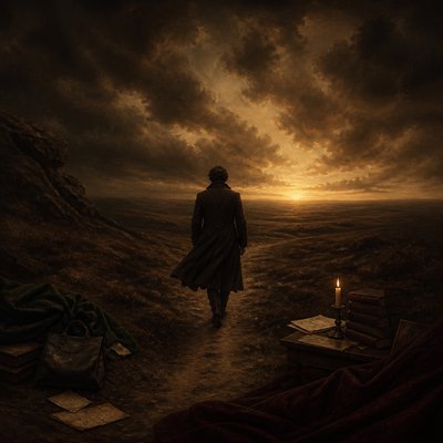 a solitary figure walking toward a glowing horizon across an empty plain, moody atmosphere, no text or lettering