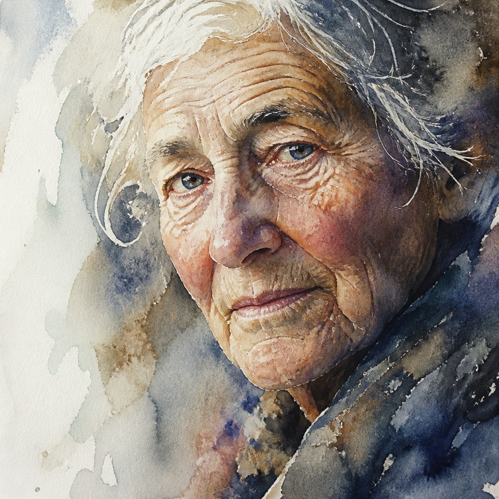 close-up portrait of an elderly person with expressive weathered features — Wet-on-Wet Watercolor Style