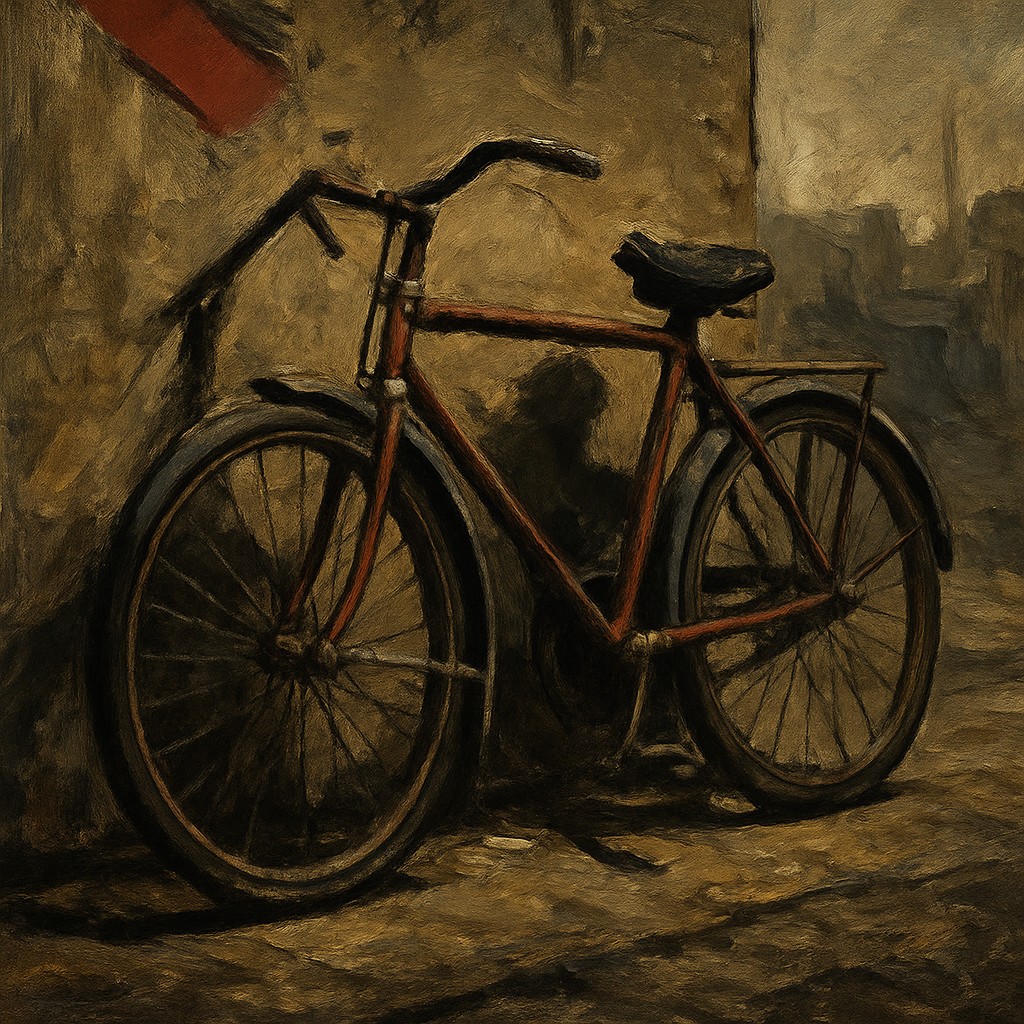 bicyle resting against a wall