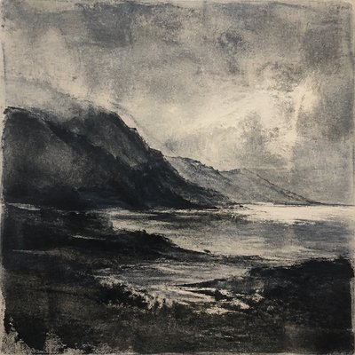 wide landscape with natural scenery — Monotype Print Style
