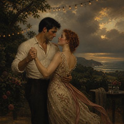 an original couple dancing under string lights in a garden at dusk: a man with short black hair in a linen shirt and a woman with braided red hair in a summer dress