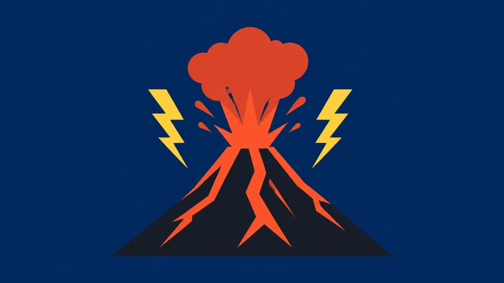 an erupting volcano with lightning strikes, dramatic wide composition, no text
