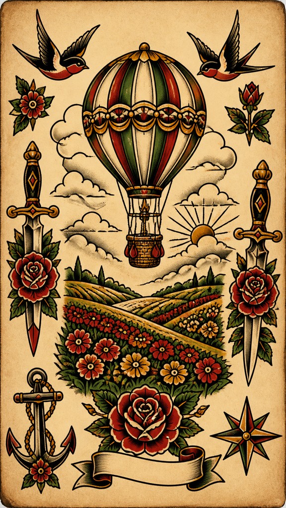 a hot air balloon drifting over rolling flower fields on a sunny day, cheerful, no text