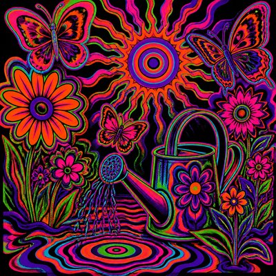 a garden scene with butterflies, flowers and a watering can, clean uncolored line art, no text