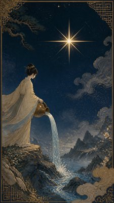 a robed figure pouring water beneath a large eight-pointed star in a night sky, symmetrical composition with an ornate decorative border, no text