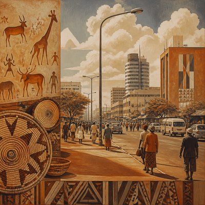 urban street with city activity — Botswanan Art Style
