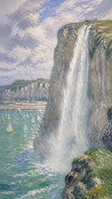 towering waterfall cascading down a cliff