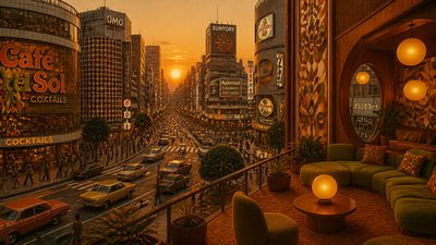 bustling city street panorama at dusk