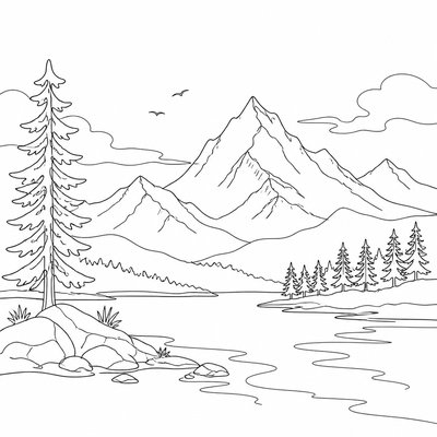 wide landscape with natural scenery — Line Art Style