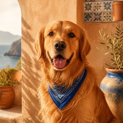 portrait of a golden retriever wearing a blue bandana, warm plain backdrop, no text