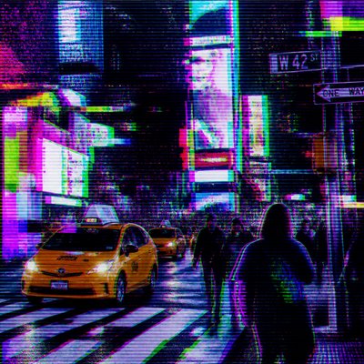 urban street with city activity — Glitch Digital Art Style