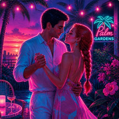 an original couple dancing under string lights in a garden at dusk: a man with short black hair in a linen shirt and a woman with braided red hair in a summer dress