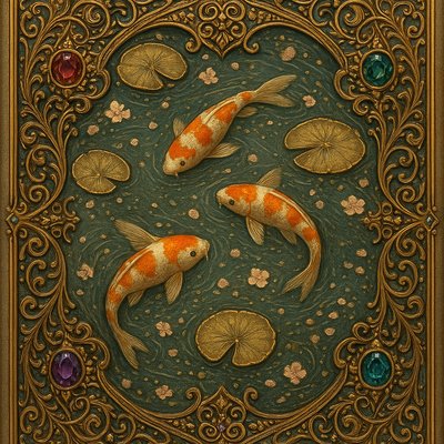 A koi pond seen from above, orange and white koi fish swimming among lily pads, clear water with subtle ripples, fallen cherry blossom petals floating on the surface, dappled sunlight