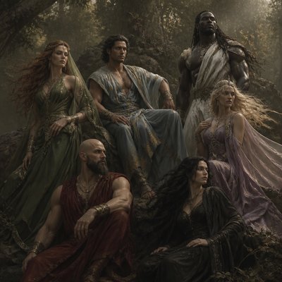 Je veux que tu me fasses des divinités au pluriel, un peu genre ancien très majestueux, mais qu'il soit pas genre vieux genre vers les 40 ans, on commence avec une temme, les cheveux roue, les yeux verts, elle est blanche elle est habillé en voile vert avec des bijoux doré, ensuite un brin, les cheveux un peu noir, genre vraiment cour, il a l'air un peu perse iranien, musclé il est habillé en bleu ciel avec un peu de doré. Un autre homme noir hyper grand et muscles genre enorme . Habillé en blanc et argenté. enfin une femme rose pourpre ou violet claire qui est blonde et or rose ou argenté. Enfin un homme habillé en rouge sombre. Il est blanc le crane rase et une barbe, il est musclé et sa tenue est sans manche. Et une femme blanche habillé en noir les cheveux noir. Je veux vraiment qu’ils aient 40 ans et qu’il y ait une Vibe de Dieu ancien. Je veux vraiment que qu’on ait l’impression qu’il se repose genre qu’ils sont posés le vent vers les cheveux comme s’il était dans une bande bizarre, et je veux que les couleurs soient pas très agressives, genre qu’elles soient hyper hyper terne. La soie, un duo des voiles.