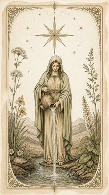a robed figure pouring water beneath a large eight-pointed star in a night sky, symmetrical composition with an ornate decorative border, no text