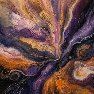a painting of a purple, yellow and black swirl