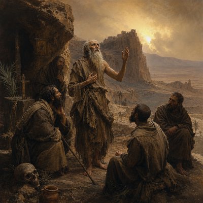 Anthony of the desert clothed in rough garment with a few brothers in rough garments