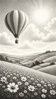 a hot air balloon drifting over rolling flower fields on a sunny day, cheerful, no text