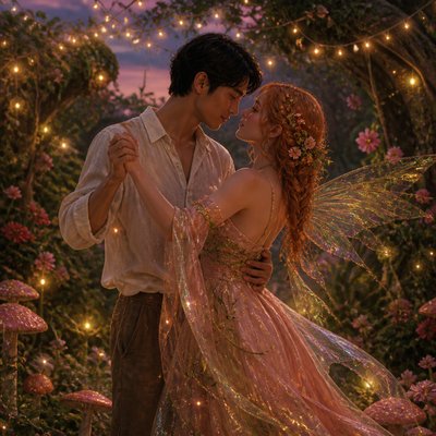 an original couple dancing under string lights in a garden at dusk: a man with short black hair in a linen shirt and a woman with braided red hair in a summer dress