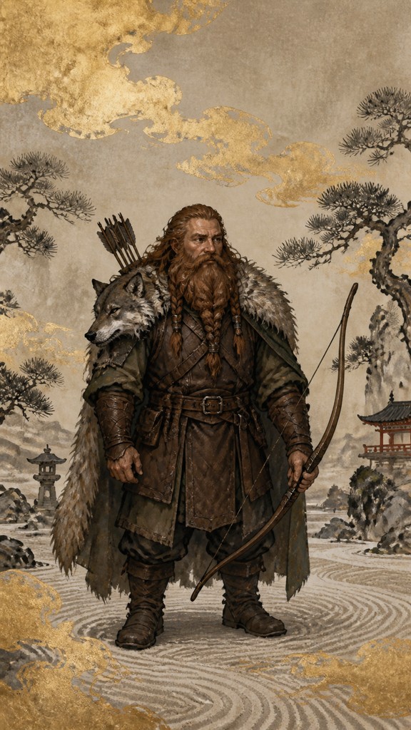 full-body original character: a dwarven ranger with a braided auburn beard, worn leather armor, a longbow and a wolf-pelt cloak, neutral background, no text