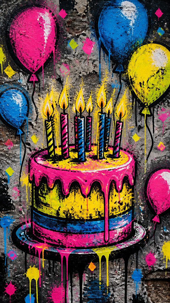 a birthday cake with lit candles surrounded by balloons and confetti, festive vertical composition, no text