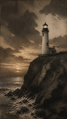 a lone lighthouse on a cliff at dusk under a dramatic sky, no text or lettering
