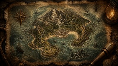 a map of an island realm with mountains, forests, a sheltered bay, sea monsters in the water and a compass rose, no text labels