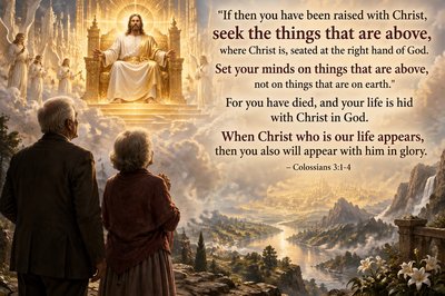 show older woman and older man man both standing and  seeing Jesus on his throne looking at them, use a large font for the quote from the Scripture verse “If then you have been raised with Christ, seek the things that are above, where Christ is, seated at the right hand of God. Set your minds on things that are above, not on things that are on earth. For you have died, and your life is hid with Christ in God. When Christ who is our life appears, then you also will appear with him in glory.” 
– Colossians 3:1-4 
