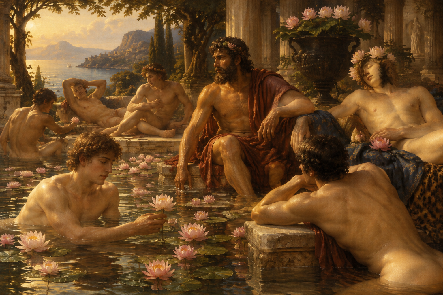 Ulysses and his ignudi men bathe and lounge around the lotus flowers and pool