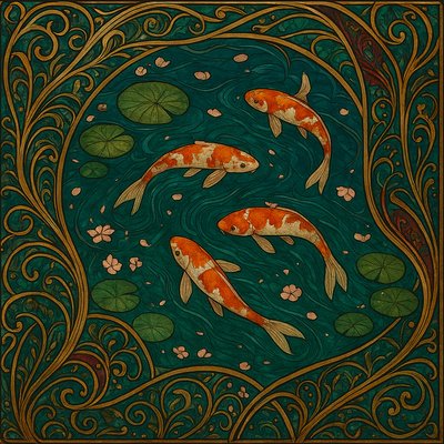 A koi pond seen from above, orange and white koi fish swimming among lily pads, clear water with subtle ripples, fallen cherry blossom petals floating on the surface, dappled sunlight