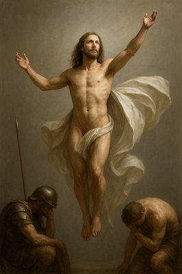 a painting of jesus on the cross with two men kneeling down