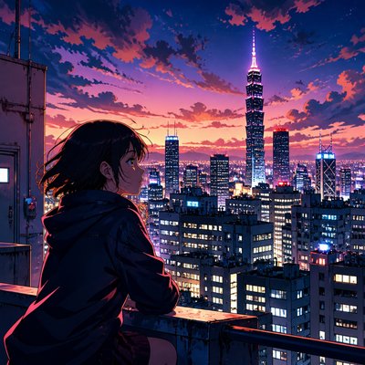 a city skyline at dusk with glowing windows