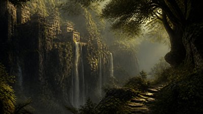 a cliffside city with waterfalls cascading into a misty canyon, wide establishing shot, no people, no text