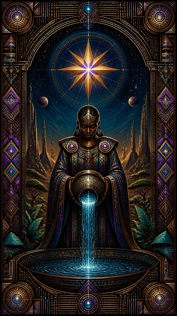 a robed figure pouring water beneath a large eight-pointed star in a night sky, symmetrical composition with an ornate decorative border, no text