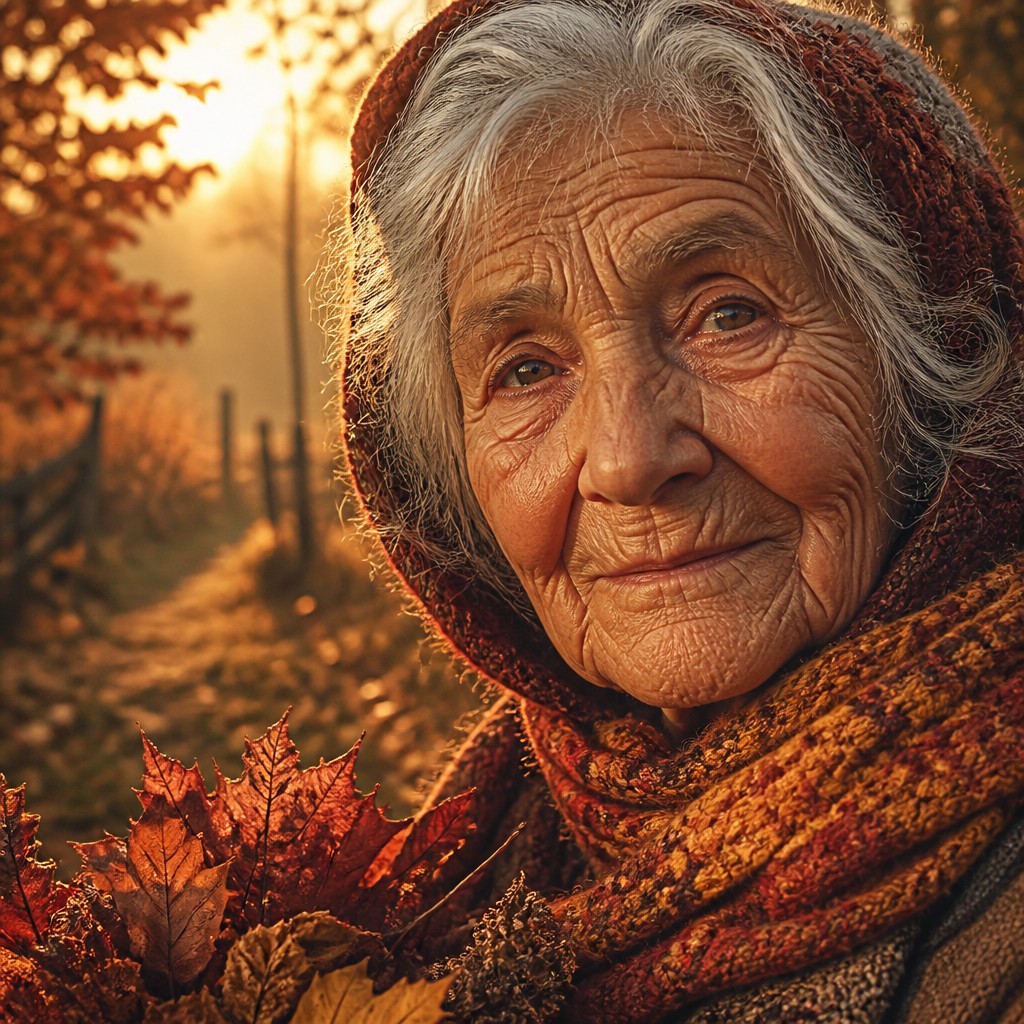 close-up portrait of an elderly person with expressive weathered features — Autumncore Aesthetic