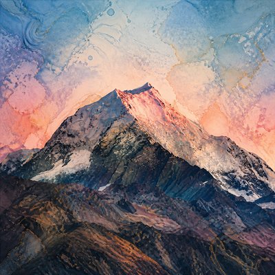 a painting of a mountain with a sunset in the background