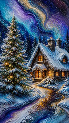 a snow-covered cottage with warm glowing windows beside a decorated pine tree, gentle snowfall, no text