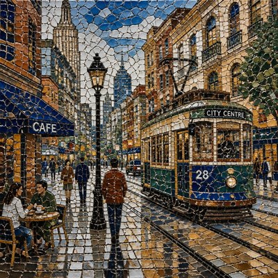 urban street with city activity — Ceramic Mosaic Art Style