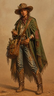 full-body original character: a wandering botanist with a satchel of plants, a patched green cloak, tall boots and round glasses, neutral background