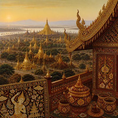 wide landscape with natural scenery — Burmese Art Style