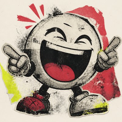 an exaggerated laughing face of an original round mascot character, bold and readable at small size, plain background, no text