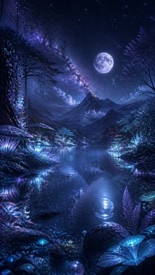 a tranquil mountain lake beneath a starry night sky, no people, no text