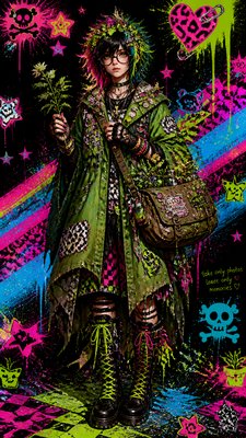 full-body original character: a wandering botanist with a satchel of plants, a patched green cloak, tall boots and round glasses, neutral background